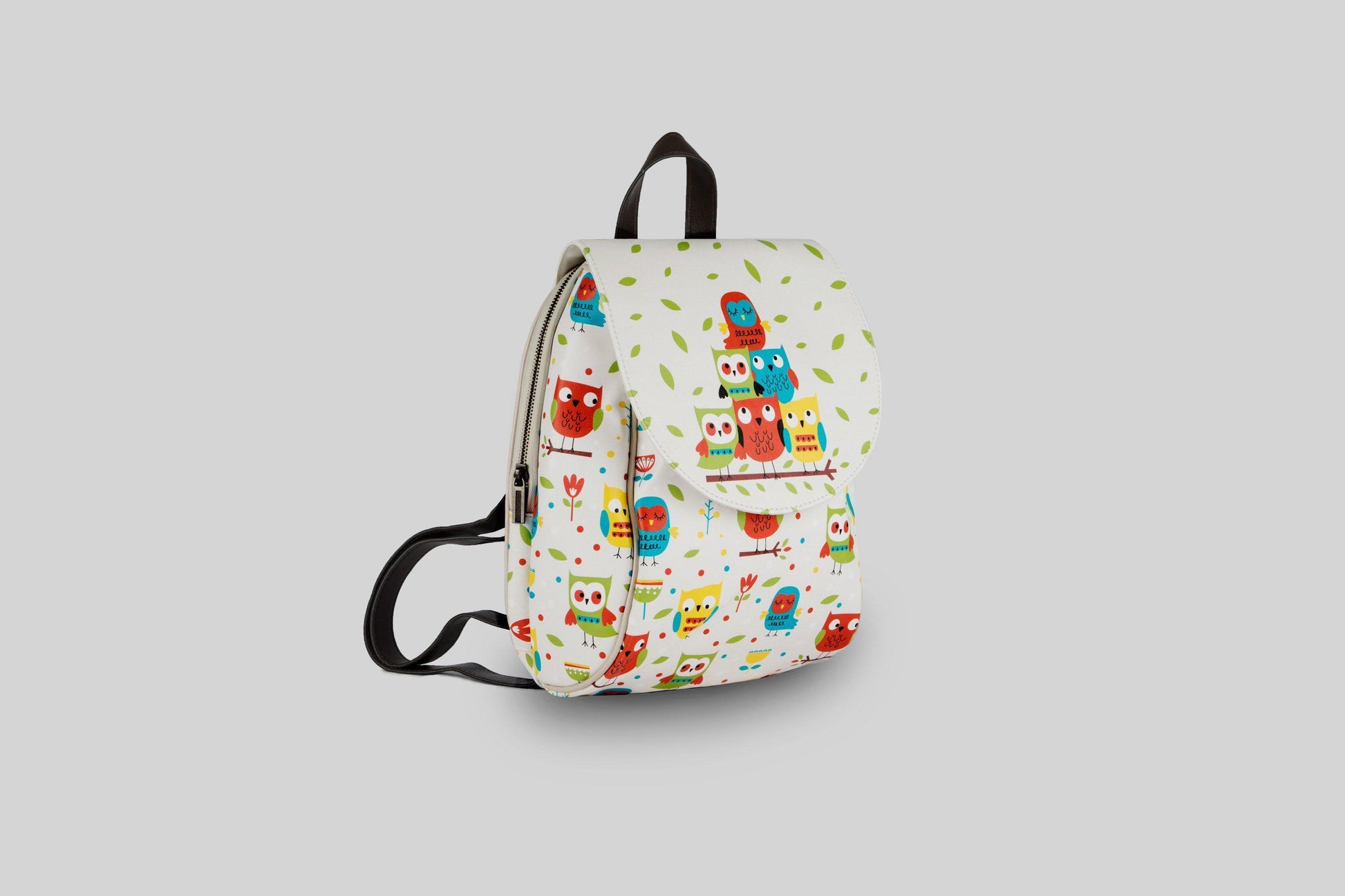 woman-colorful-owls-beige-backpack