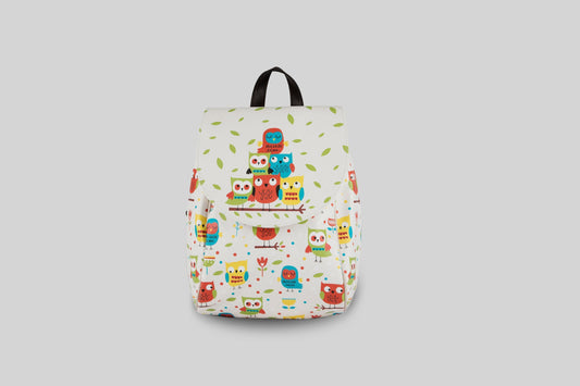 woman-colorful-owls-beige-backpack